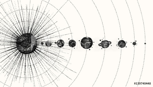 Bild på Solar system in dotwork style planets in orbit vintage hand drawn illustration